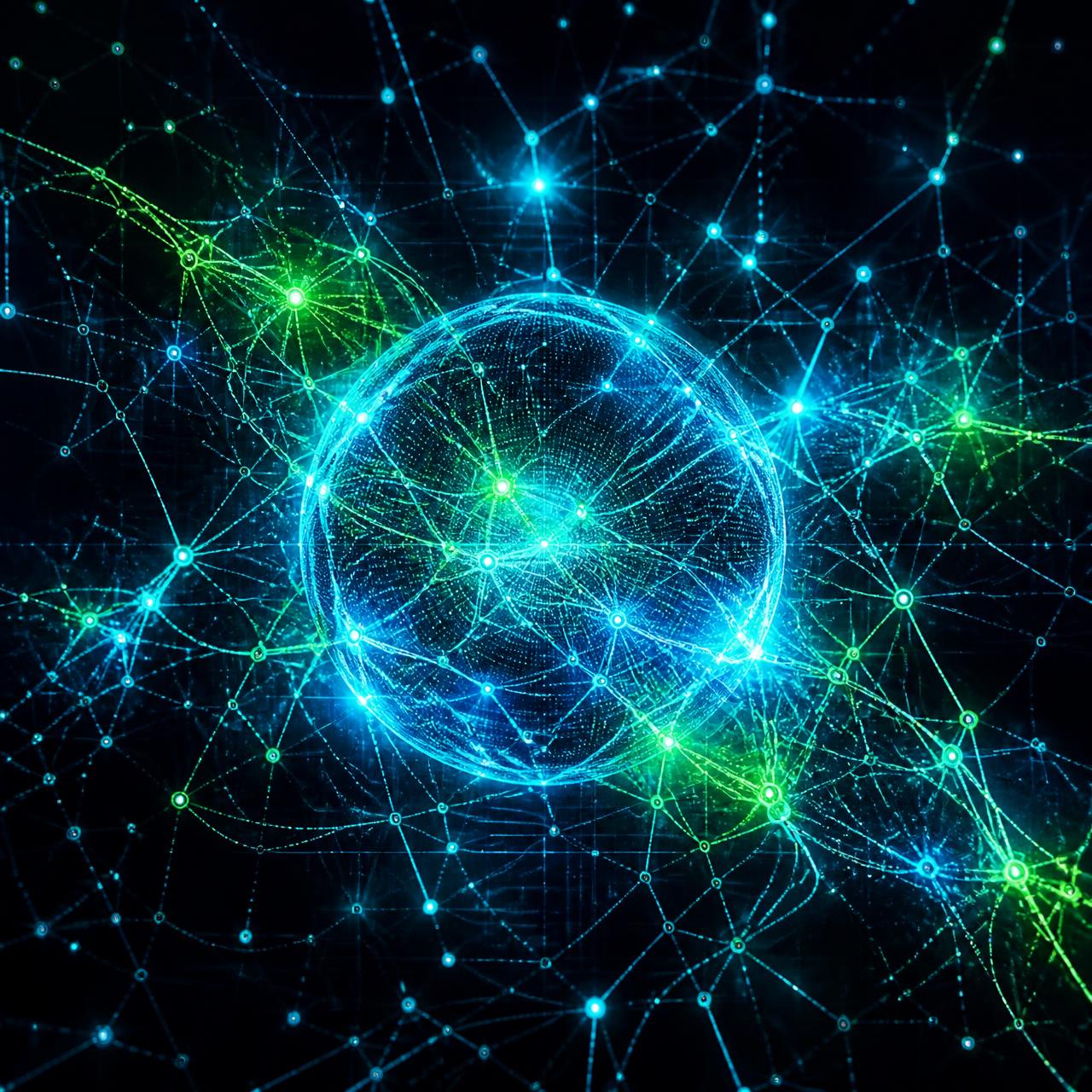 Glowing neural network of connected nodes representing AI and emerging technology